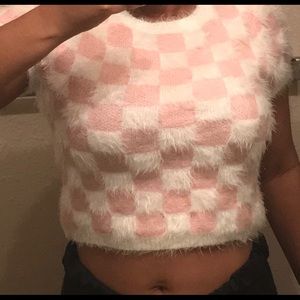 Pink and White checkered short sleeve sweater